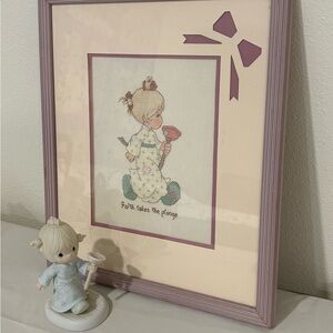 Precious Moments. Faith takes a plunge.  Cross stitch and figurine.